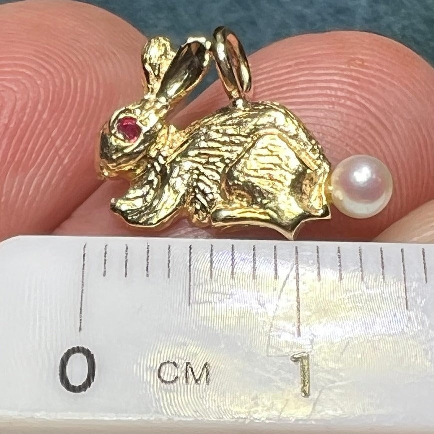 14k Gold Bunny Rabbit Pendant w Pearl Cottontail Ruby Eye Sea Green Mermaid