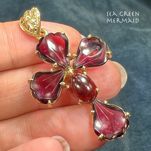 14k Gold Carved Rhodolite Garnet Cabochon Cross Pendant. 2"