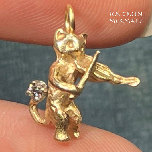 14k Gold Cat and the Fiddle w Diamond Pendant. Nursery Rhyme. TINY!