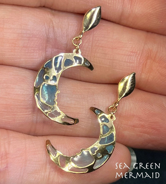 14k Gold Crescent Man in the Moon Blue "Stained Glass" Earrings