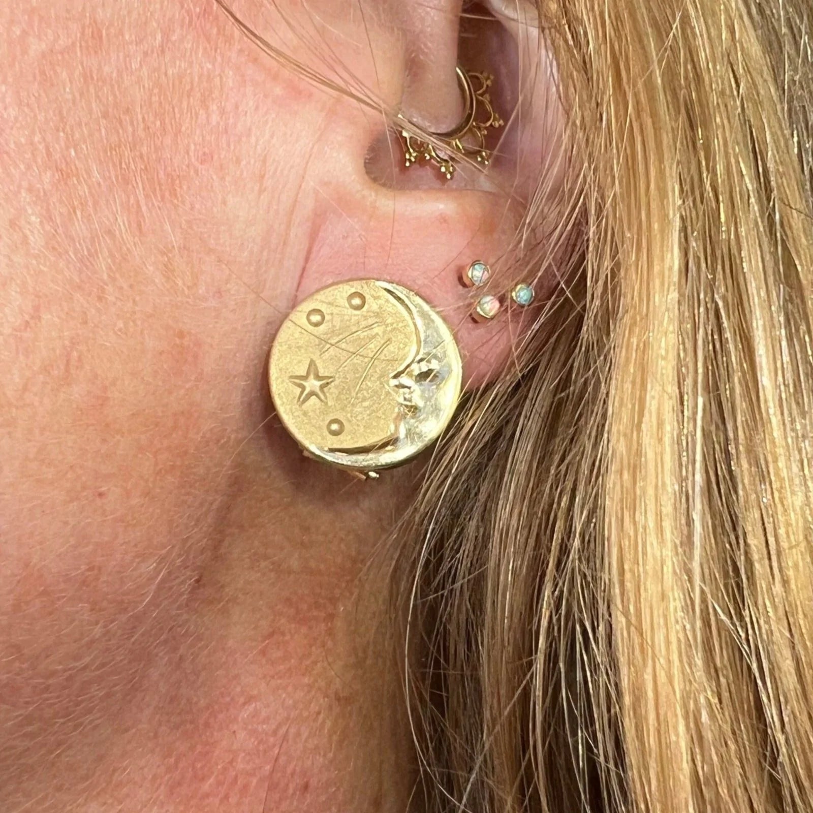 14k Gold Crescent Man-in-the-Moon Shooting Star Omega-Back Earrings