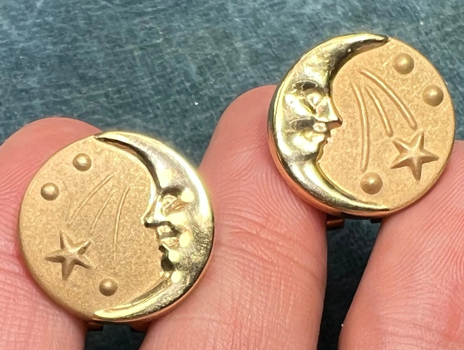 14k Gold Crescent Man-in-the-Moon Shooting Star Omega-Back Earrings
