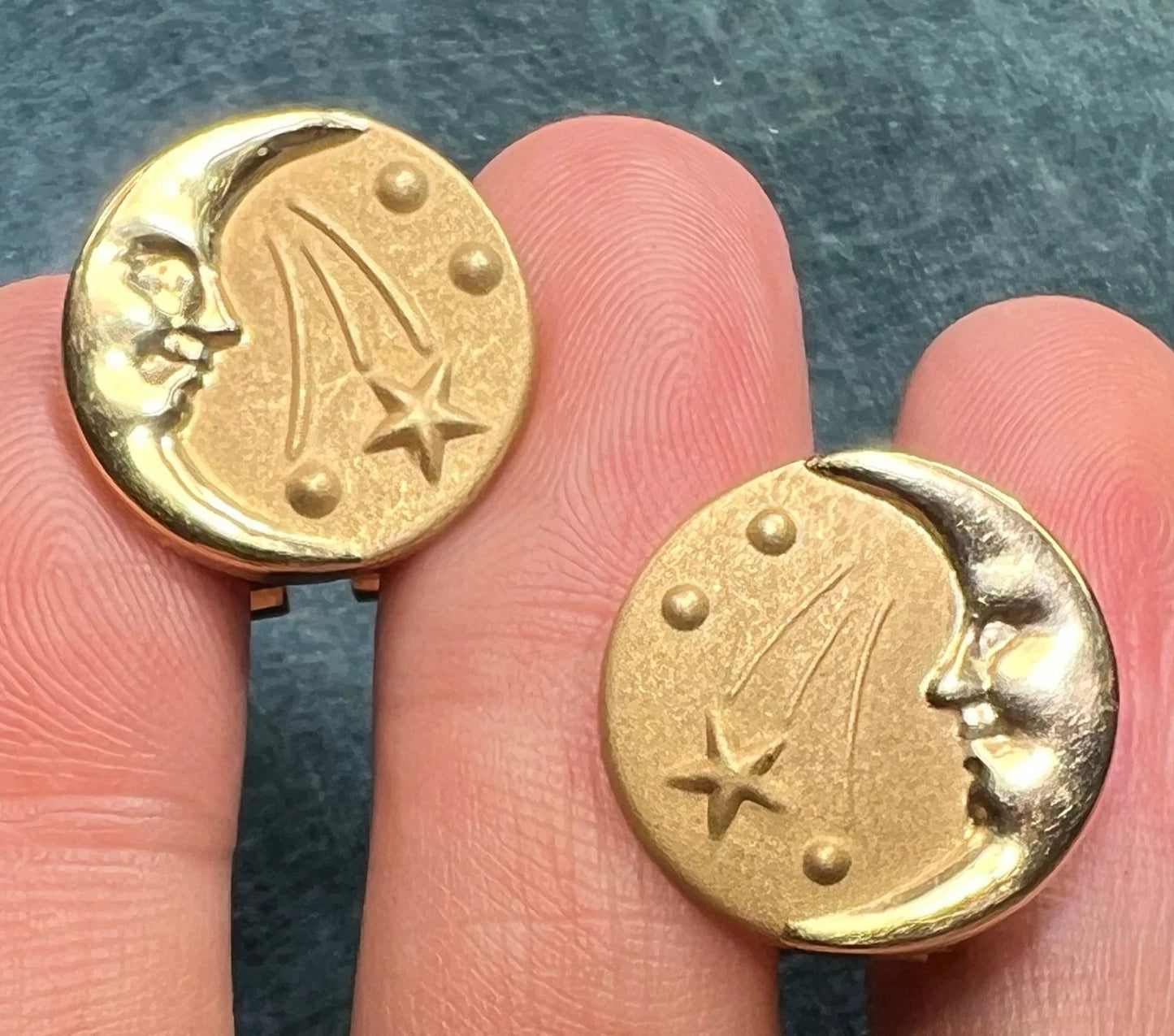 14k Gold Crescent Man-in-the-Moon Shooting Star Omega-Back Earrings