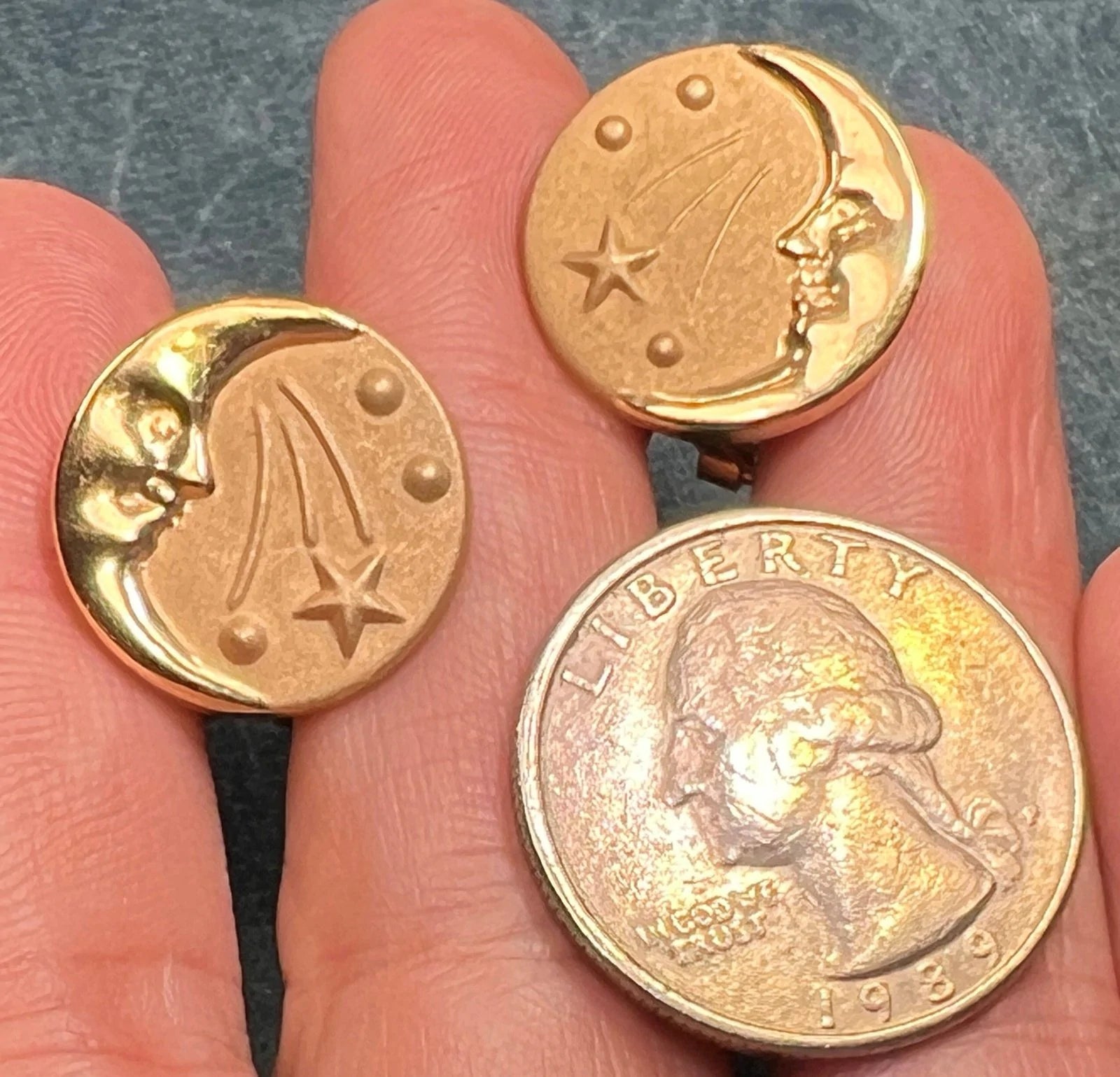 14k Gold Crescent Man-in-the-Moon Shooting Star Omega-Back Earrings