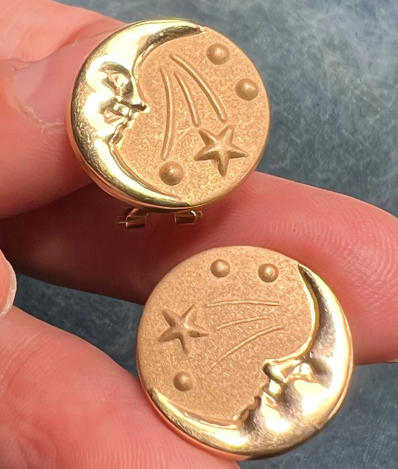 14k Gold Crescent Man-in-the-Moon Shooting Star Omega-Back Earrings