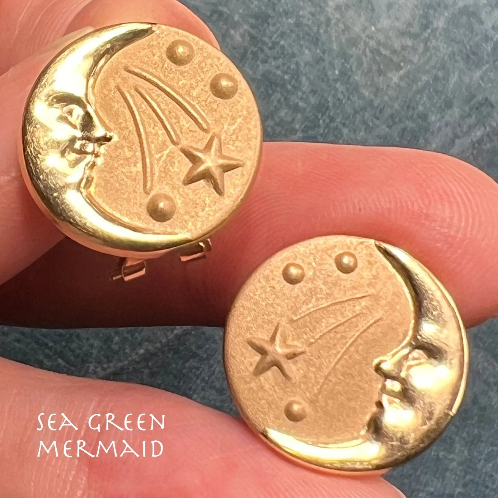 14k Gold Crescent Man-in-the-Moon Shooting Star Omega-Back Earrings