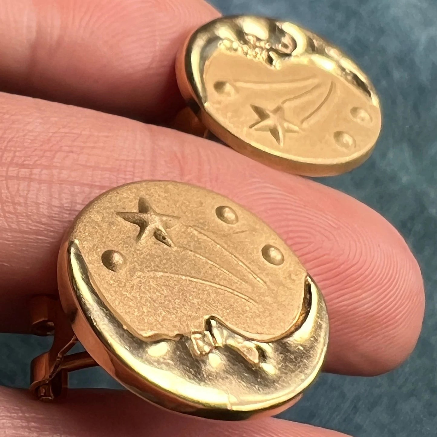 14k Gold Crescent Man-in-the-Moon Shooting Star Omega-Back Earrings