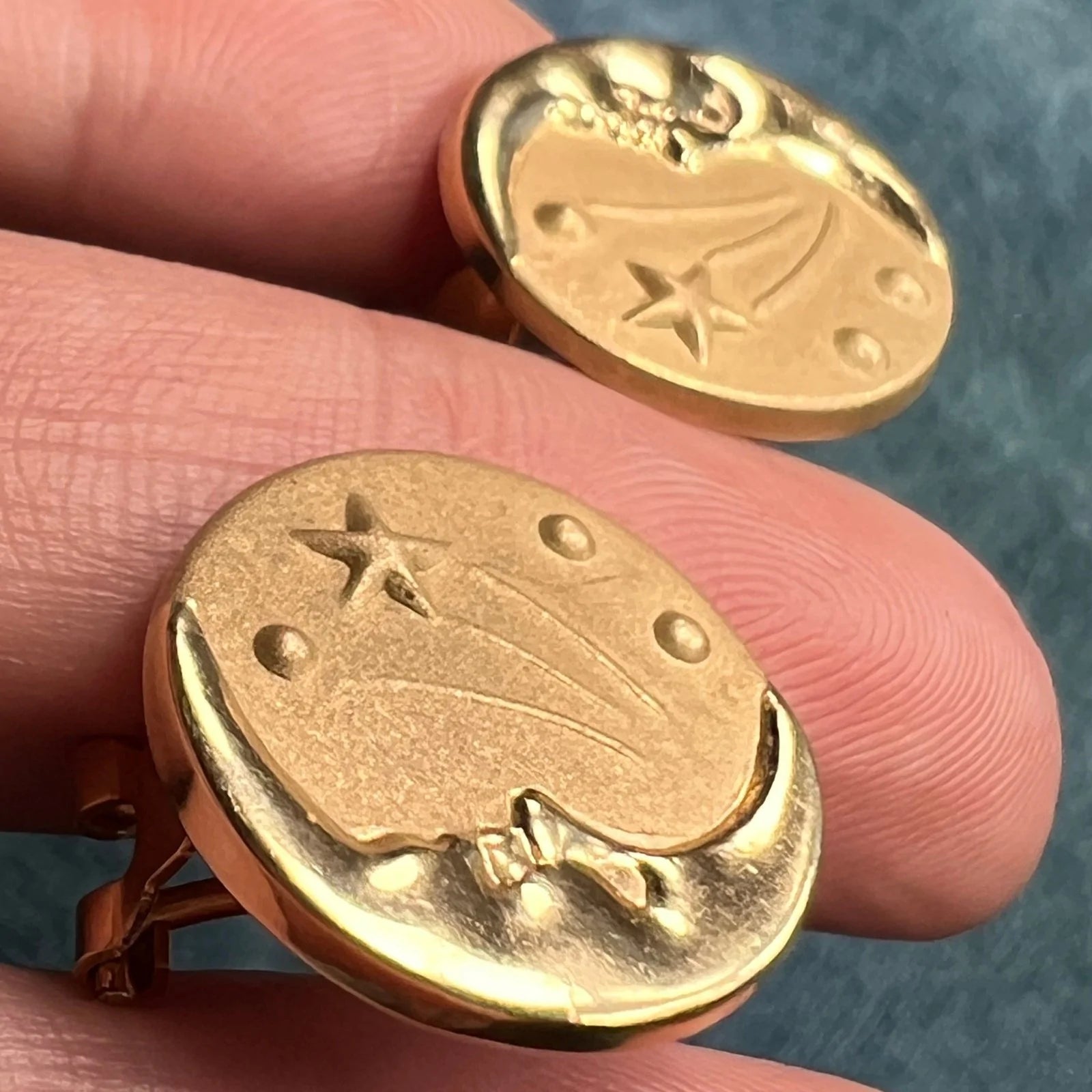14k Gold Crescent Man-in-the-Moon Shooting Star Omega-Back Earrings