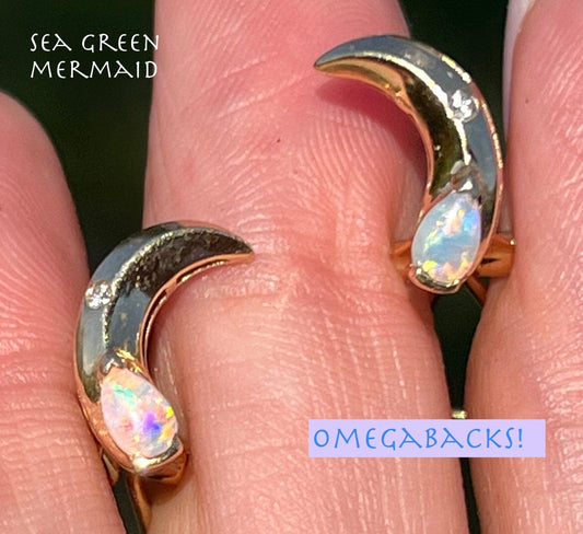 14k Gold Crescent Moon Omegaback Earrings. Opal + Diamond *Video*