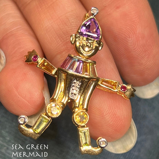 14k Gold Diamond + Multi-Gem Dancing Clown Pendant. Enhancer Bail. 1.5"