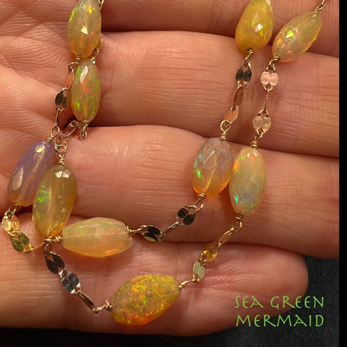 14k Gold Ethiopian Welo Jelly Opal Station Chain Necklace