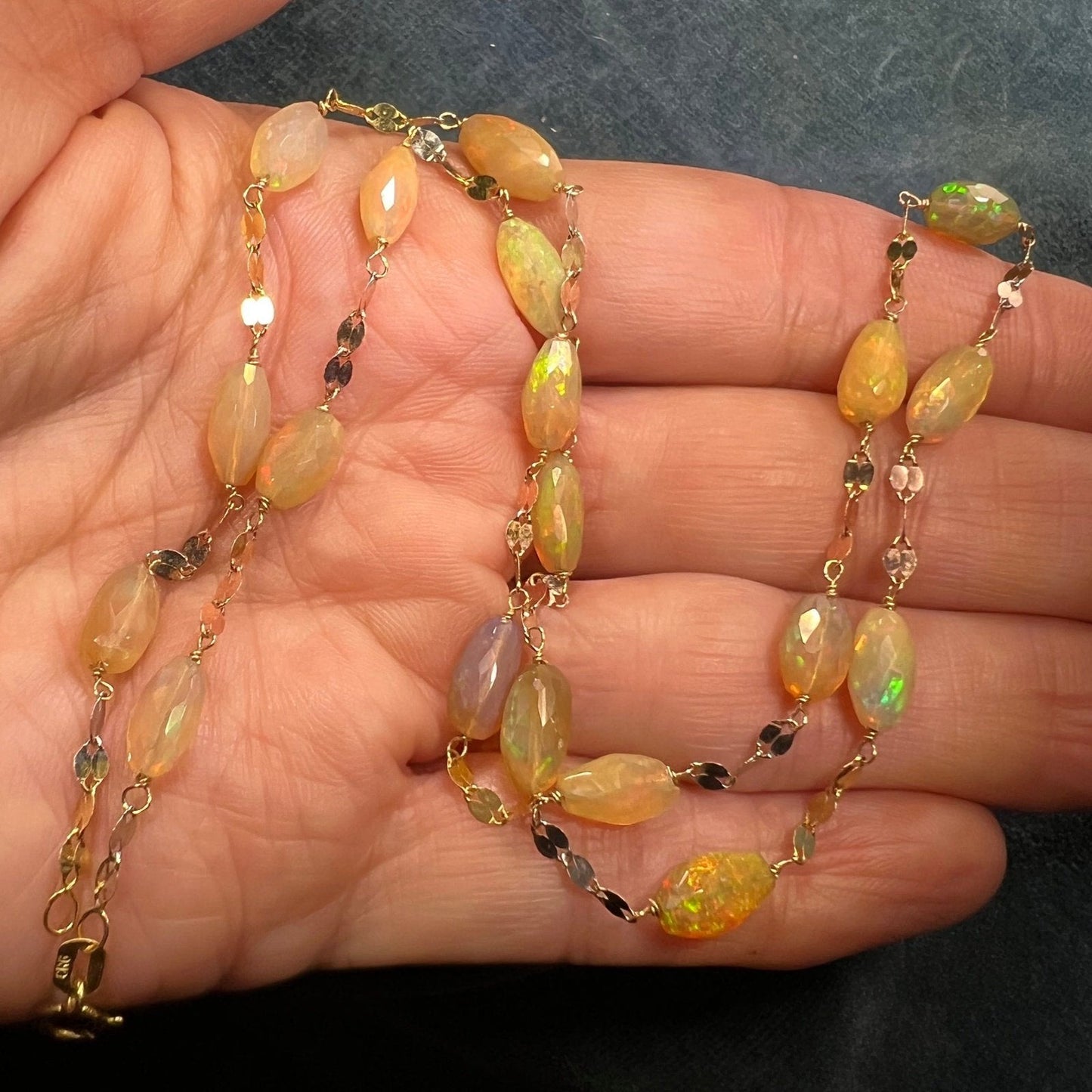 14k Gold Ethiopian Welo Jelly Opal Station Chain Necklace