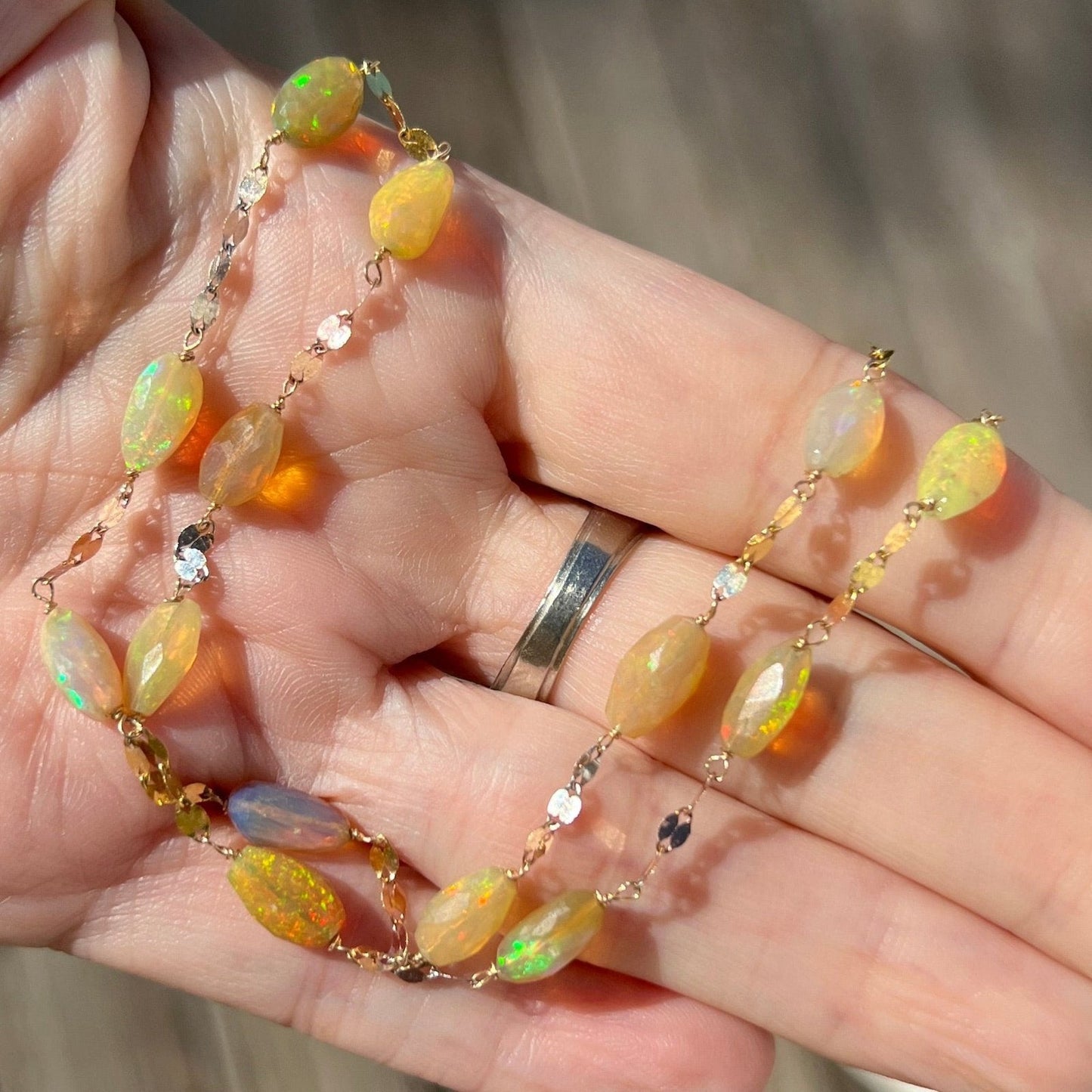 14k Gold Ethiopian Welo Jelly Opal Station Chain Necklace