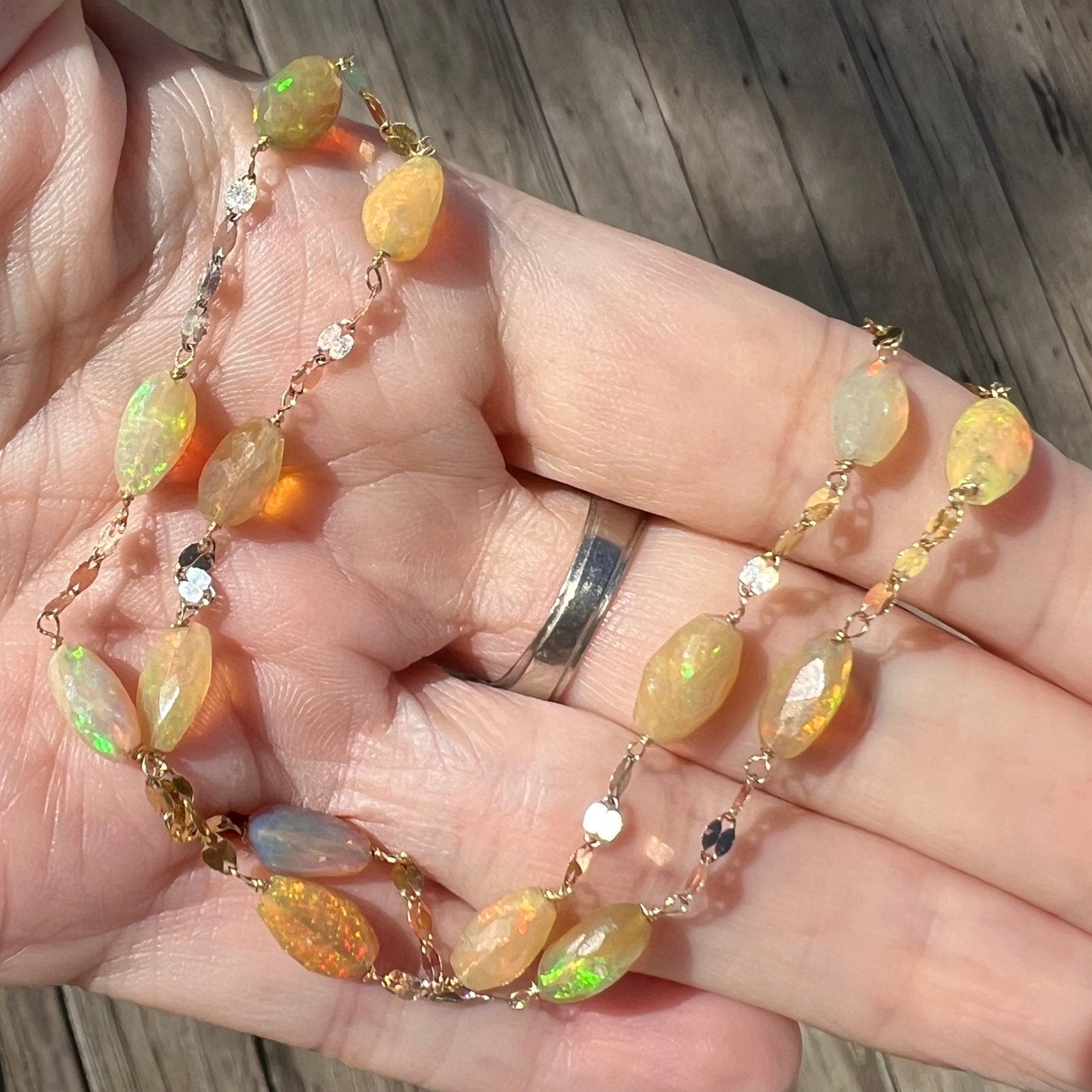 14k Gold Ethiopian Welo Jelly Opal Station Chain Necklace