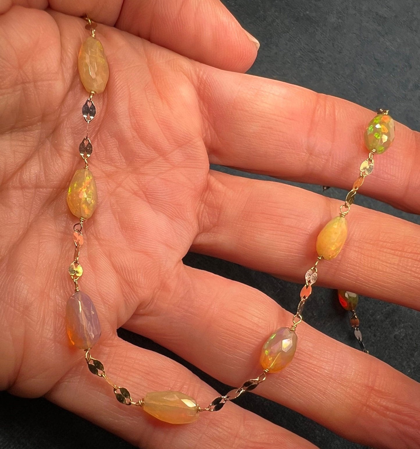14k Gold Ethiopian Welo Jelly Opal Station Chain Necklace