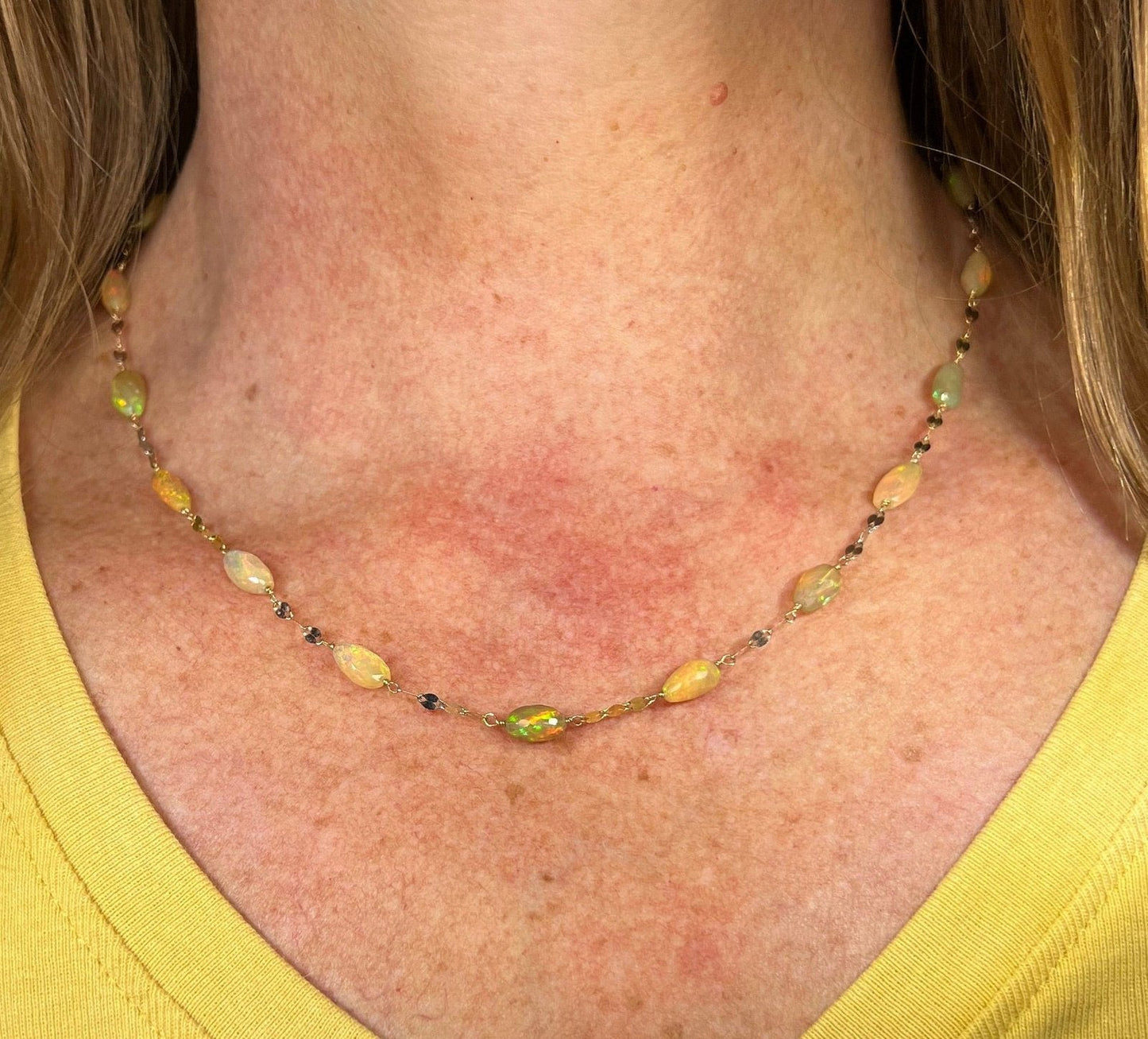 14k Gold Ethiopian Welo Jelly Opal Station Chain Necklace