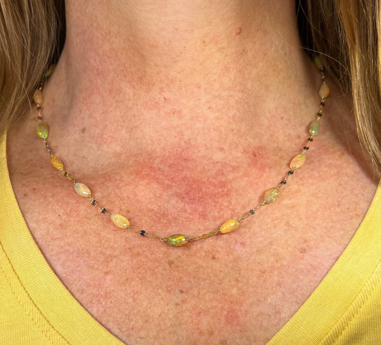 14k Gold Ethiopian Welo Jelly Opal Station Chain Necklace