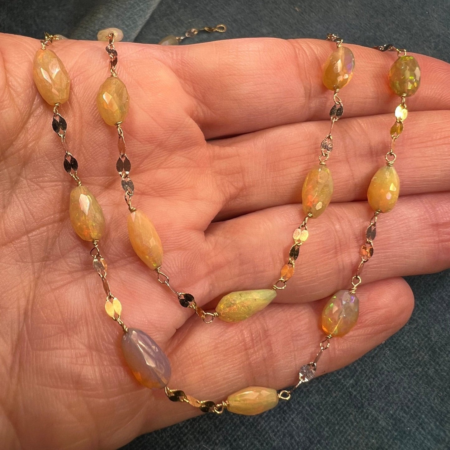 14k Gold Ethiopian Welo Jelly Opal Station Chain Necklace
