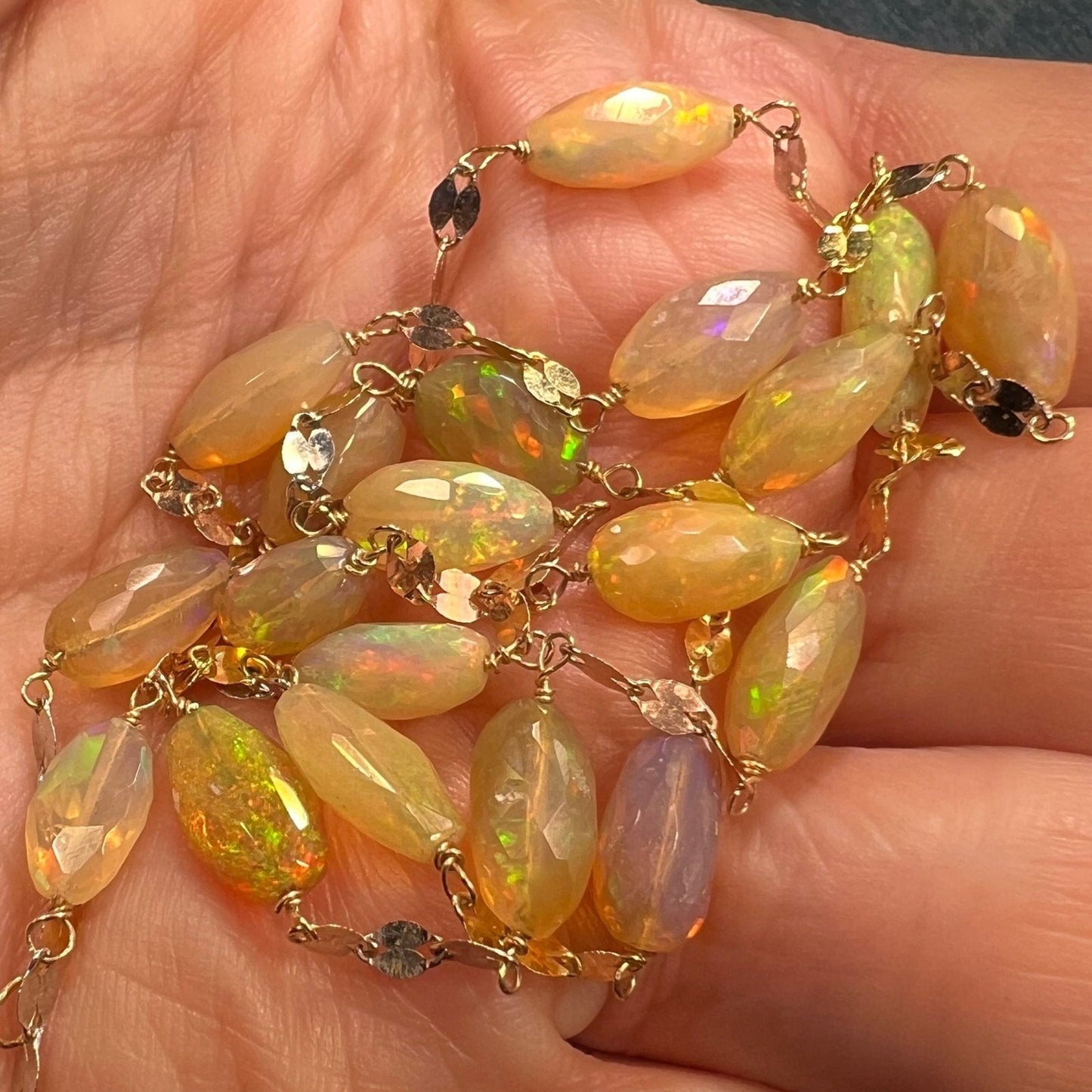 14k Gold Ethiopian Welo Jelly Opal Station Chain Necklace