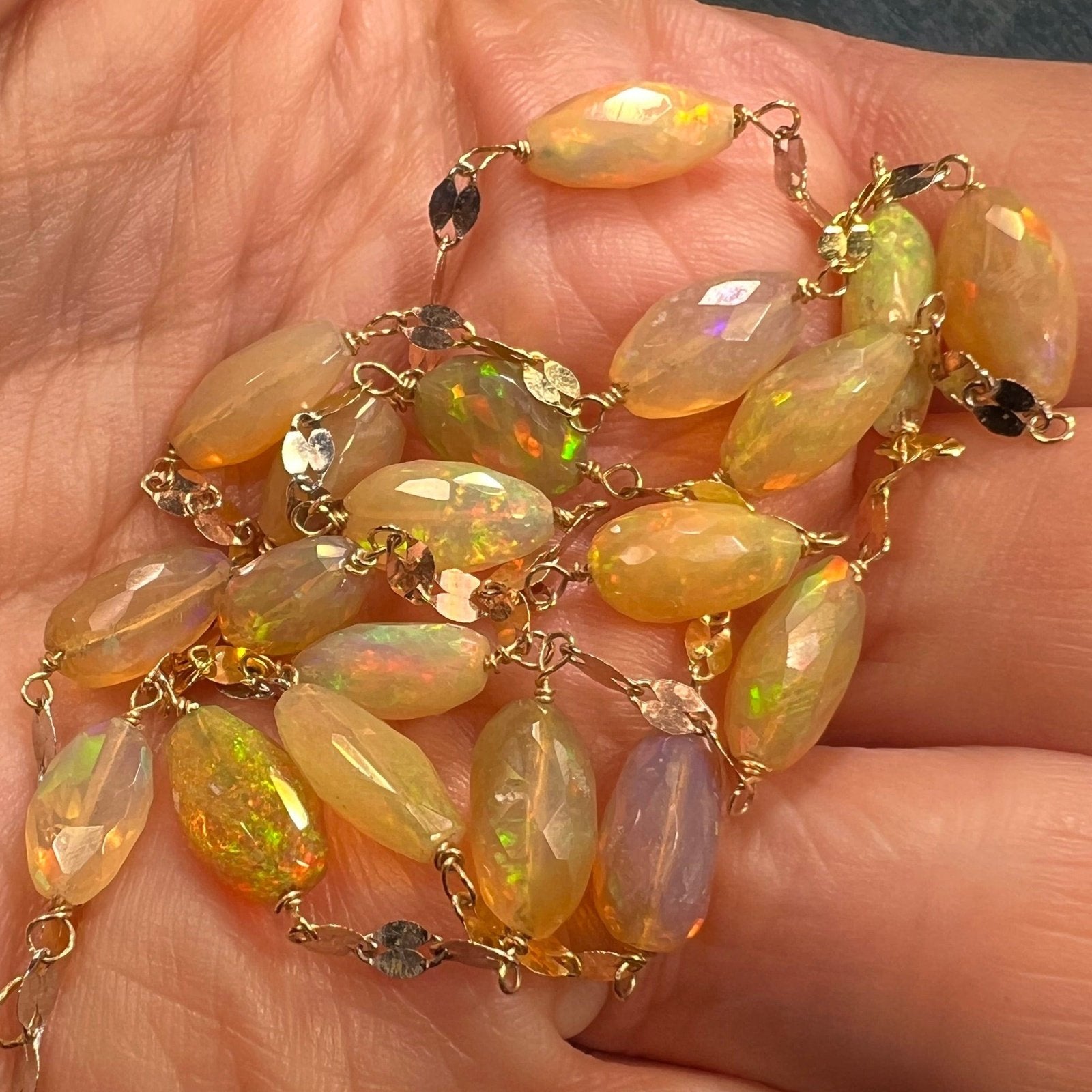 14k Gold Ethiopian Welo Jelly Opal Station Chain Necklace
