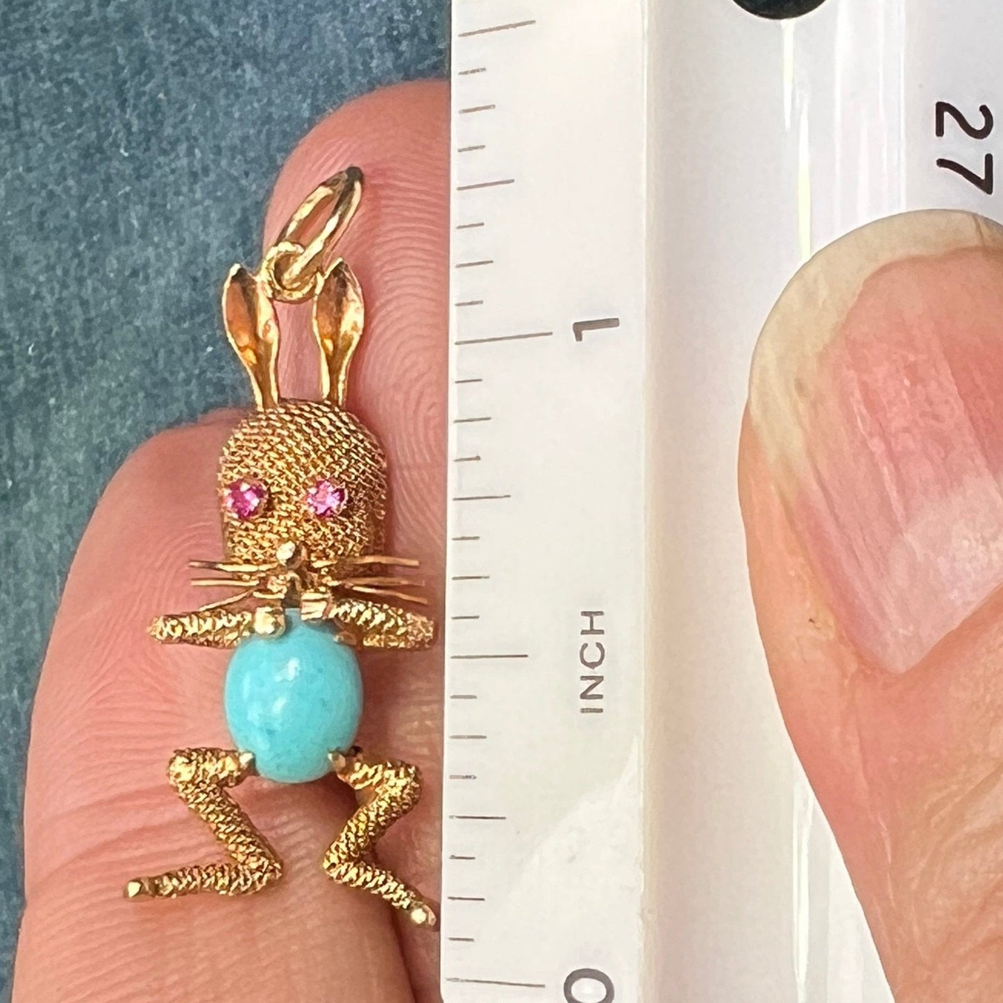 14k Gold "Funny Bunny" Pendant w Turquoise Jelly Belly + Ruby Eyes