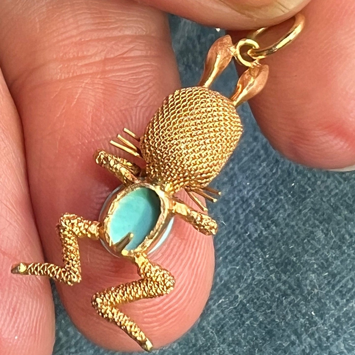 14k Gold "Funny Bunny" Pendant w Turquoise Jelly Belly + Ruby Eyes