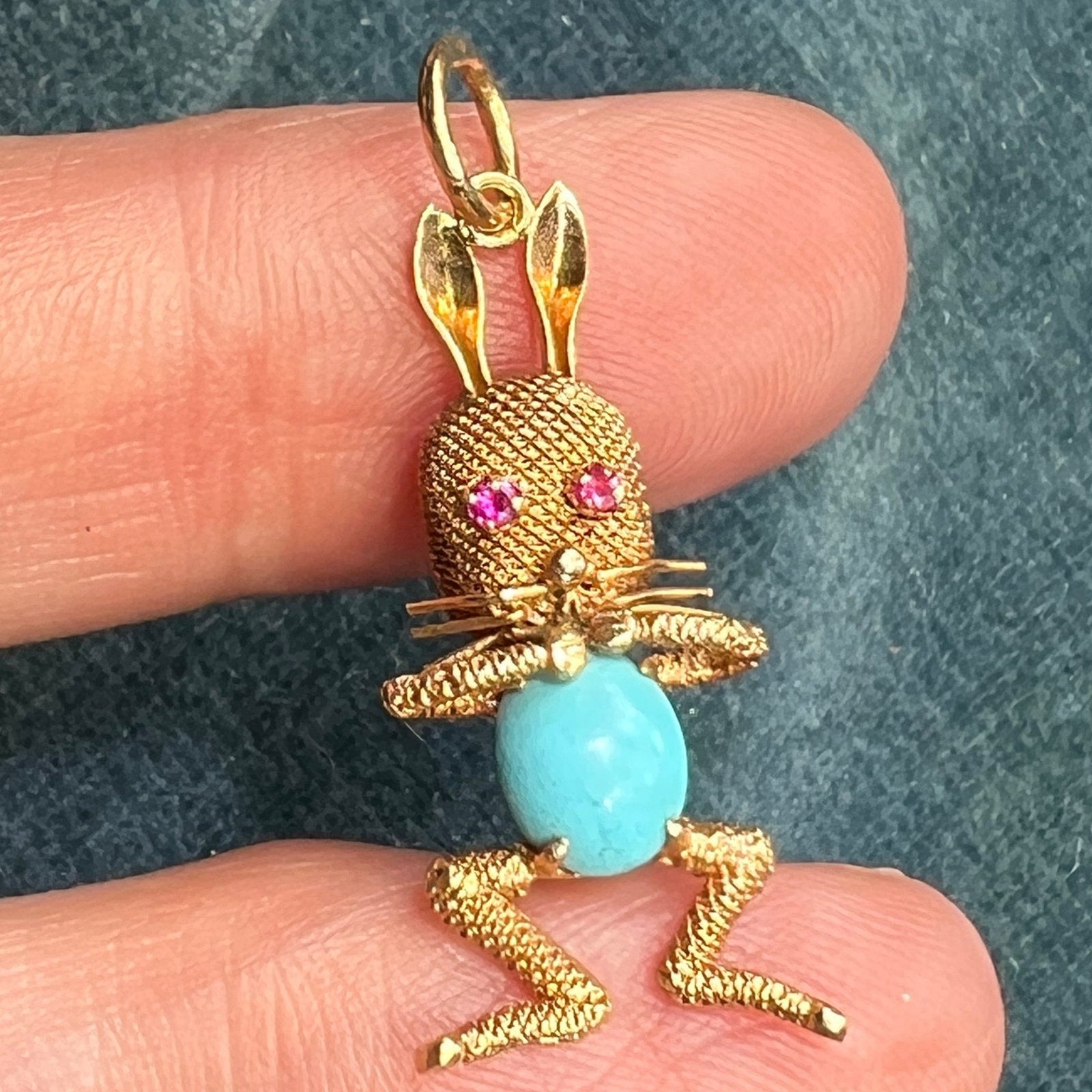 14k Gold "Funny Bunny" Pendant w Turquoise Jelly Belly + Ruby Eyes