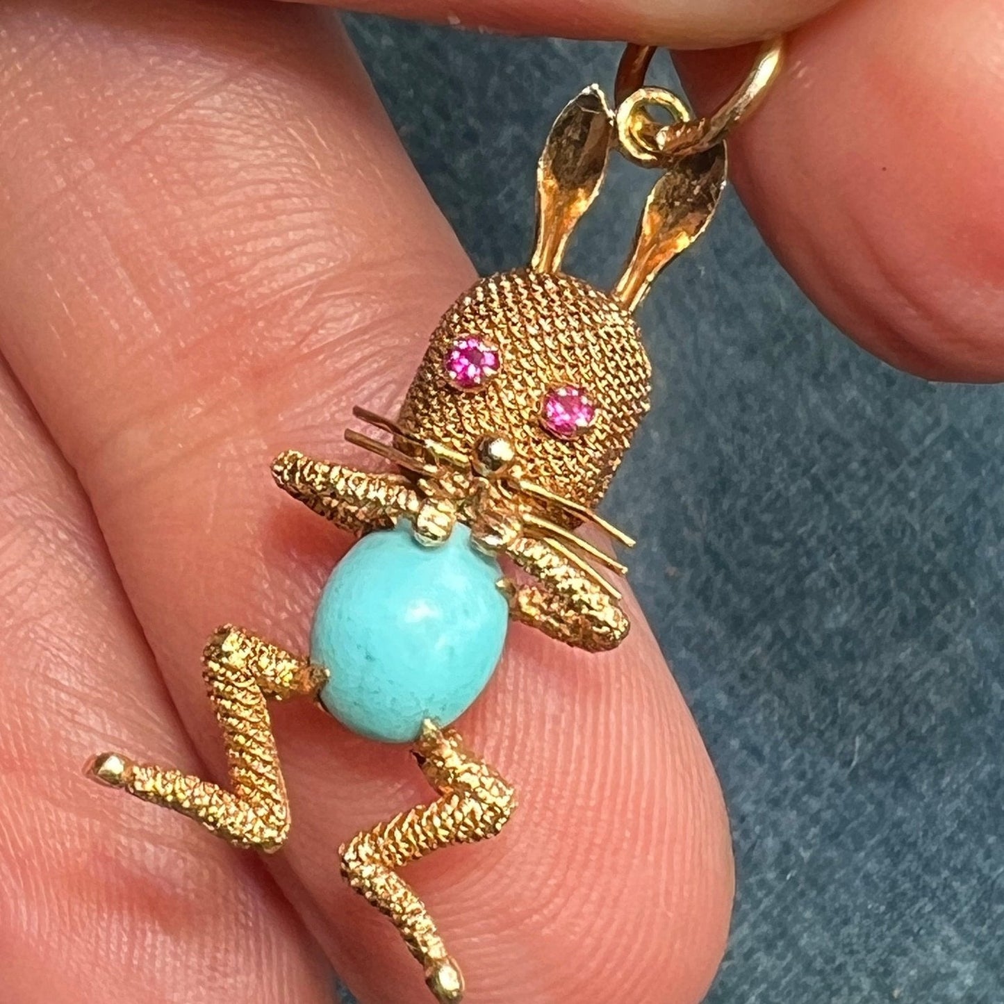 14k Gold "Funny Bunny" Pendant w Turquoise Jelly Belly + Ruby Eyes