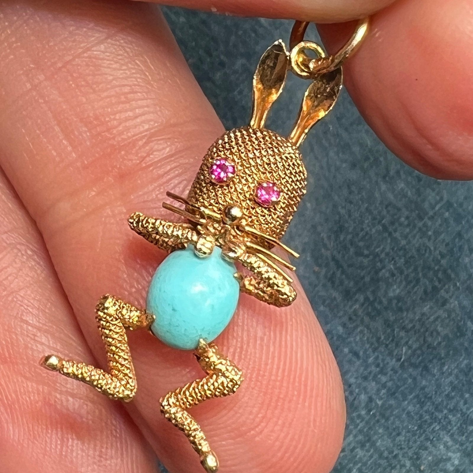 14k Gold "Funny Bunny" Pendant w Turquoise Jelly Belly + Ruby Eyes