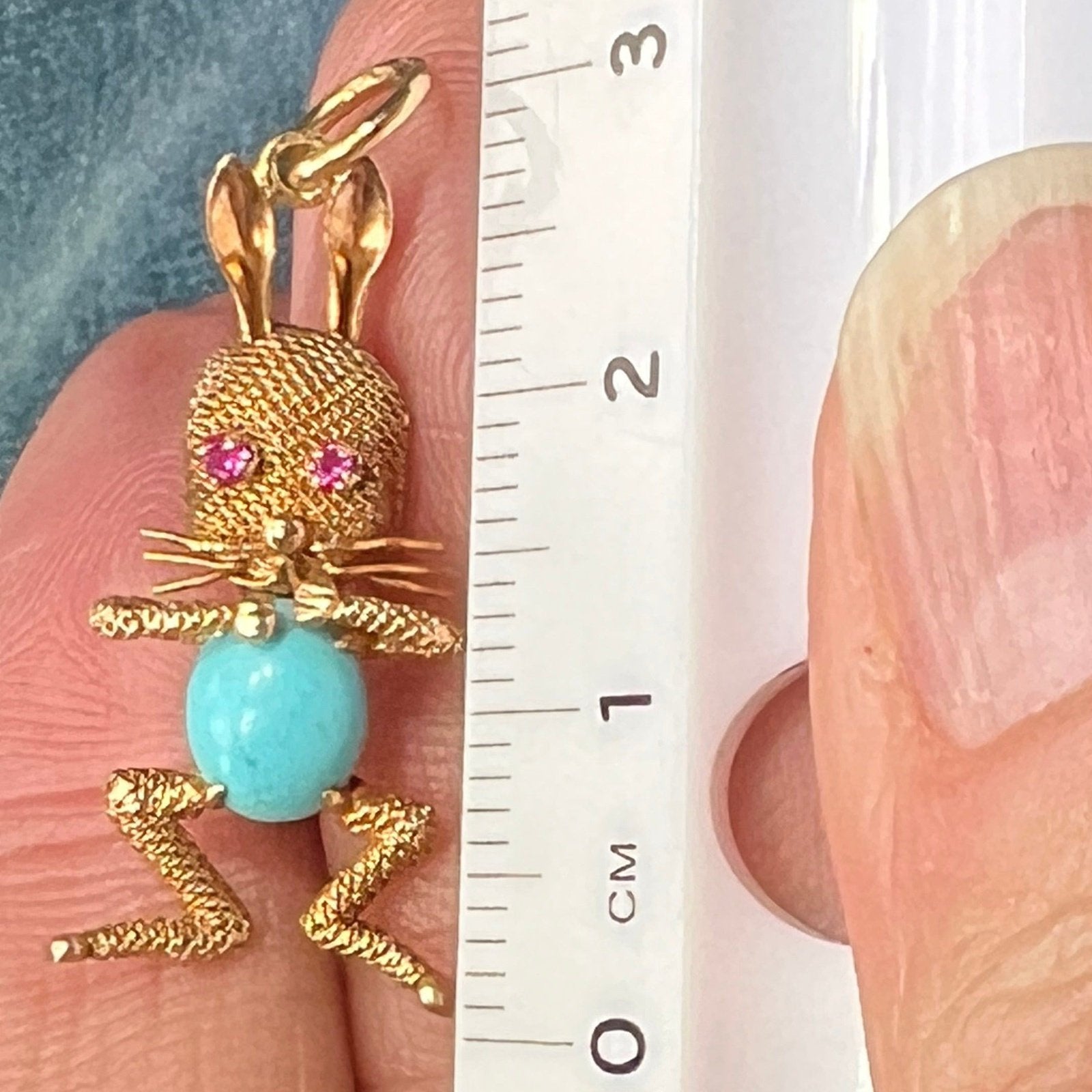 14k Gold "Funny Bunny" Pendant w Turquoise Jelly Belly + Ruby Eyes