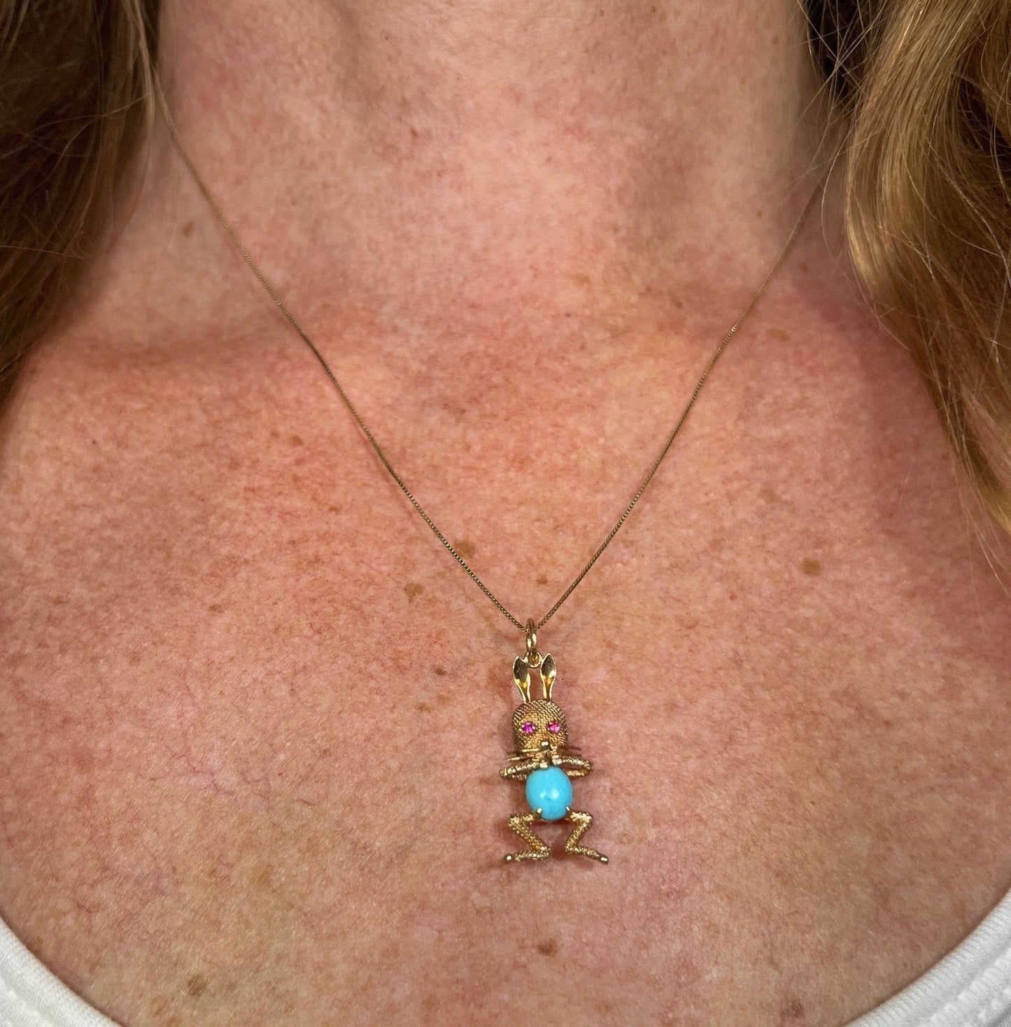 14k Gold "Funny Bunny" Pendant w Turquoise Jelly Belly + Ruby Eyes