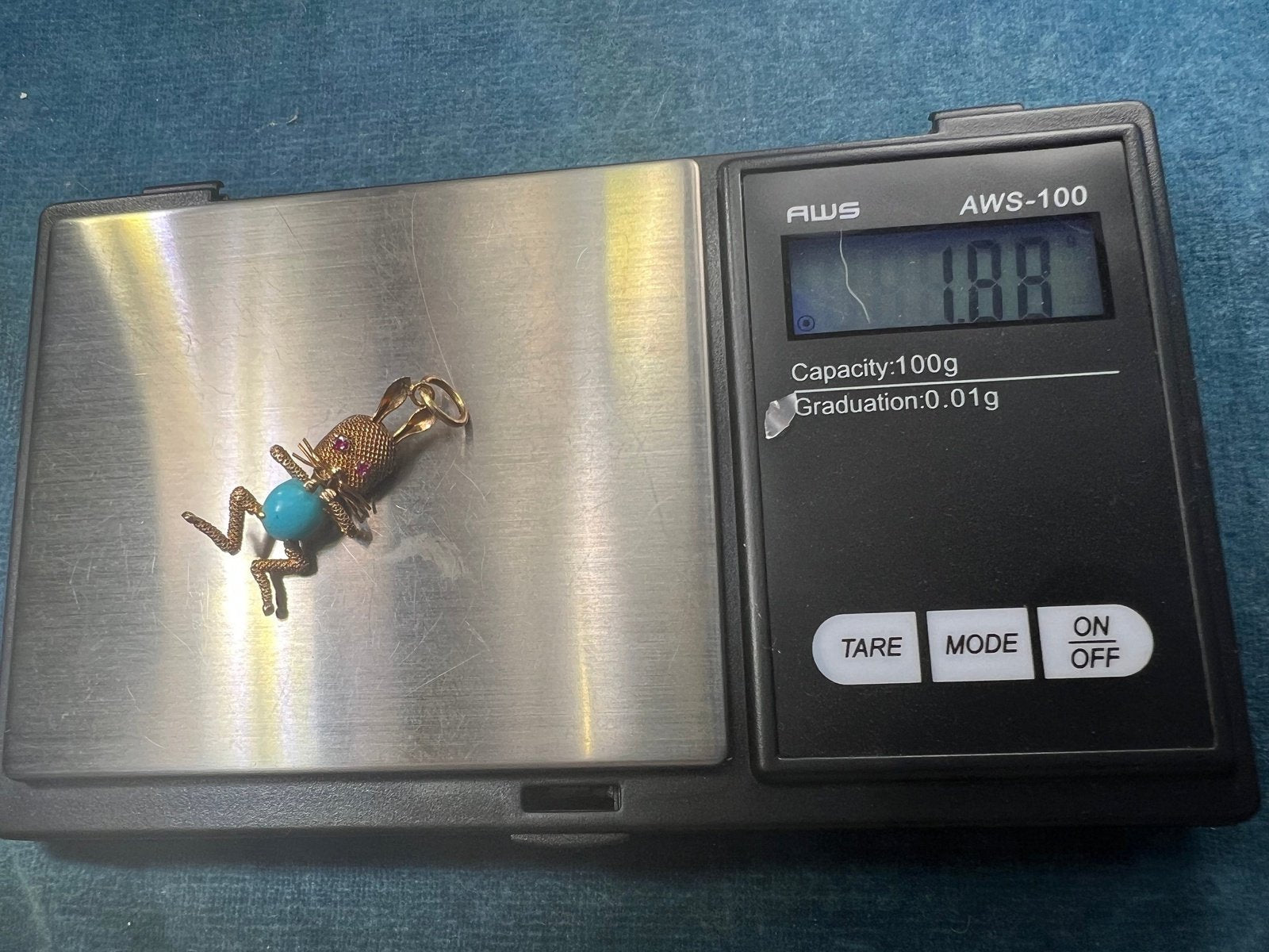 14k Gold "Funny Bunny" Pendant w Turquoise Jelly Belly + Ruby Eyes