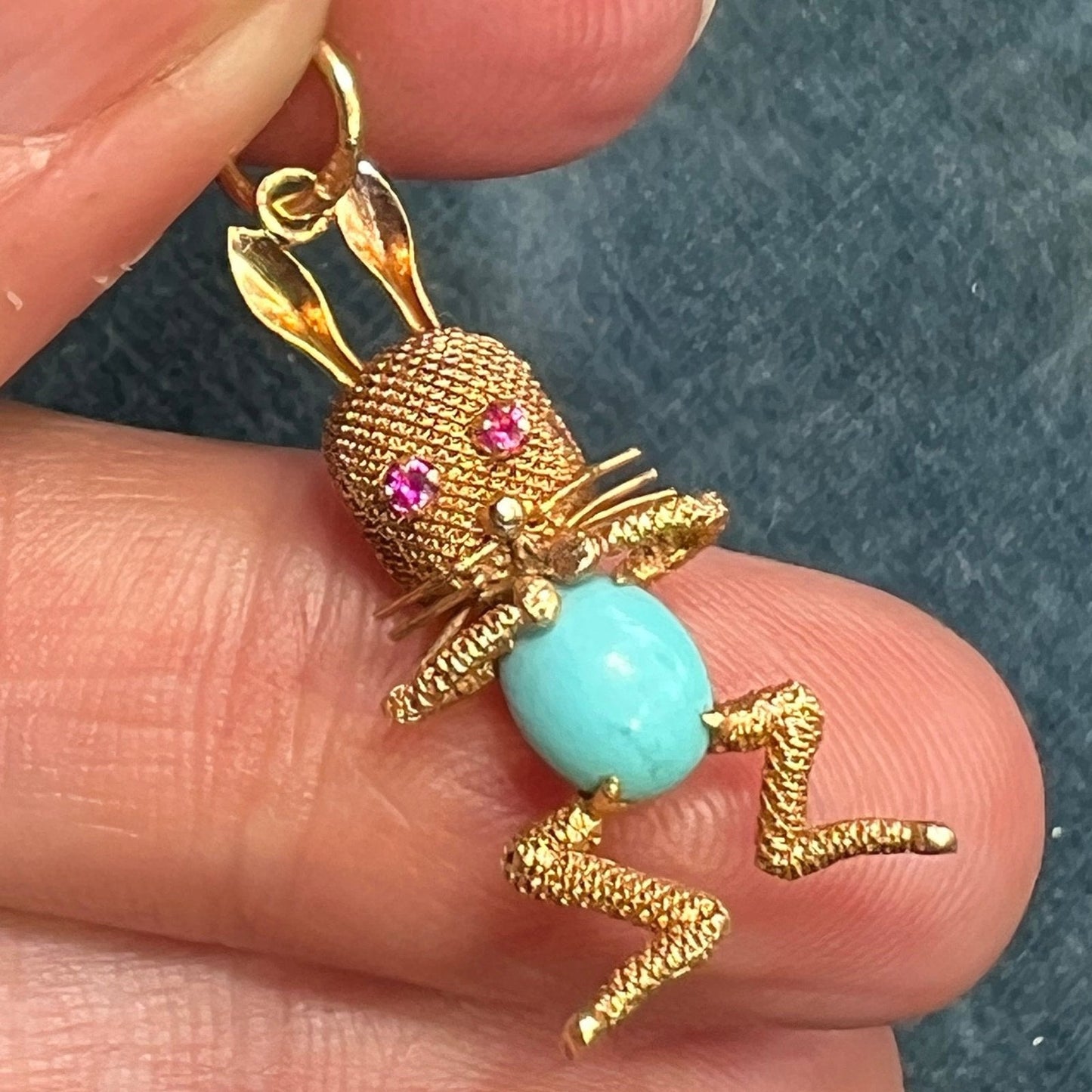 14k Gold "Funny Bunny" Pendant w Turquoise Jelly Belly + Ruby Eyes