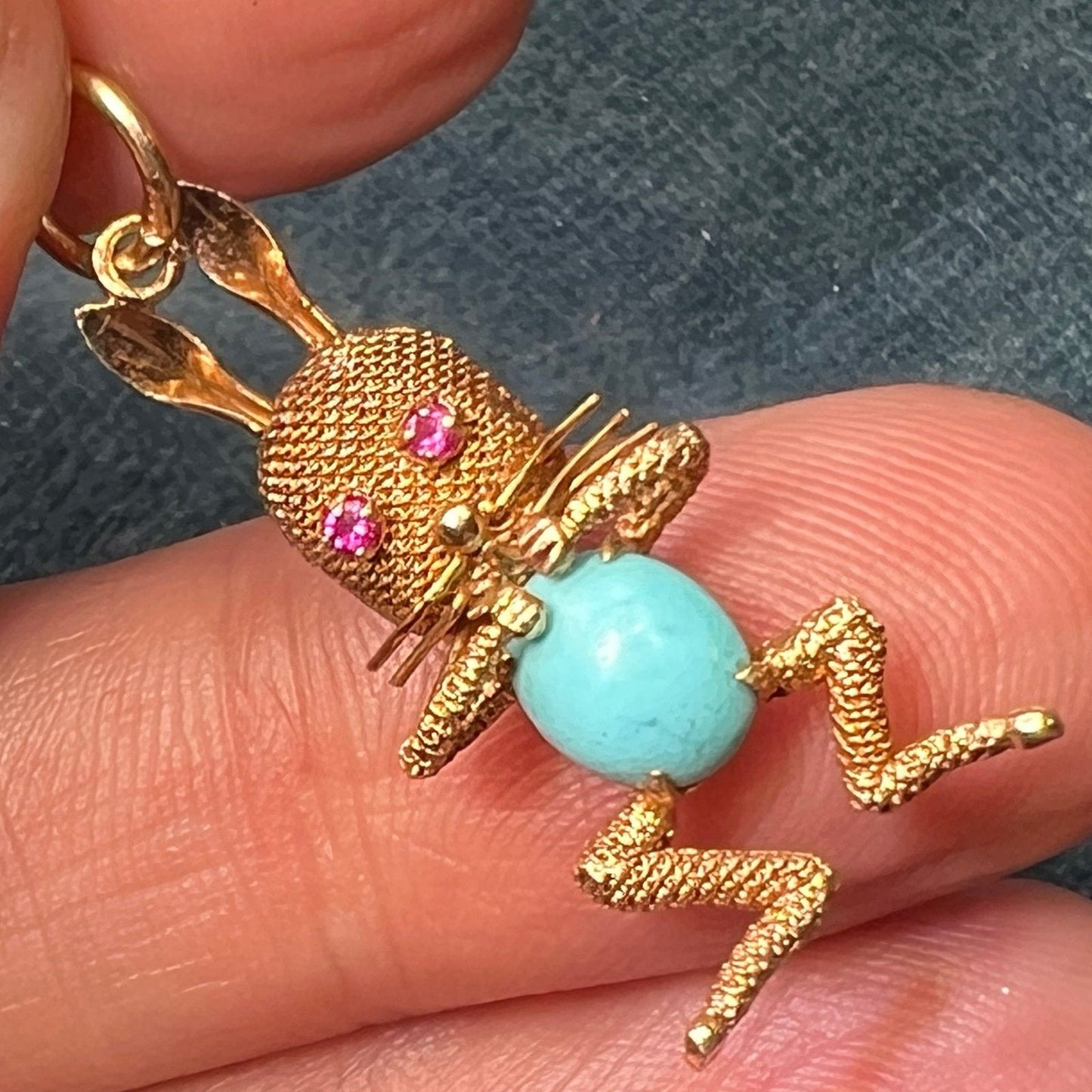 14k Gold "Funny Bunny" Pendant w Turquoise Jelly Belly + Ruby Eyes