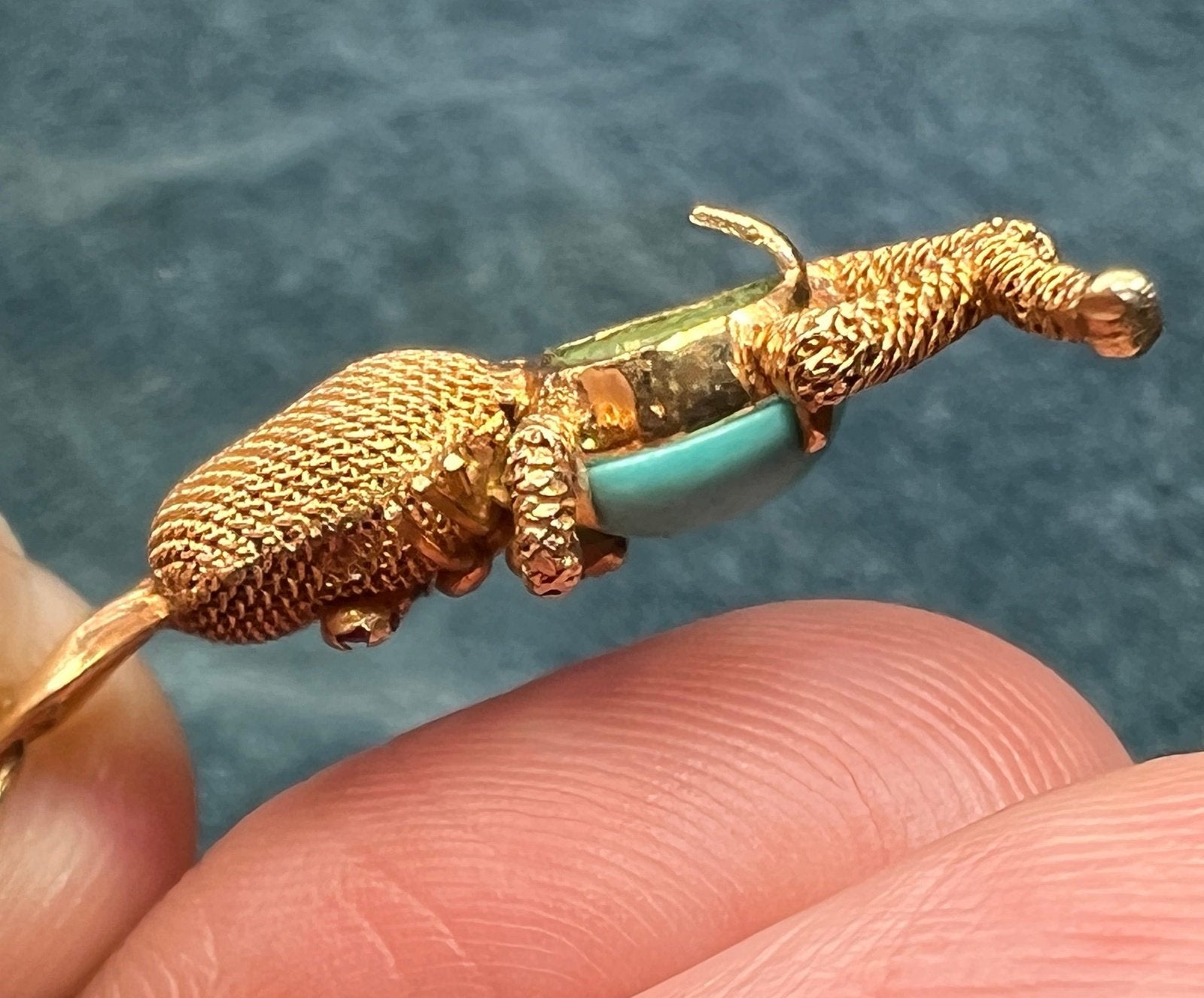 14k Gold "Funny Bunny" Pendant w Turquoise Jelly Belly + Ruby Eyes