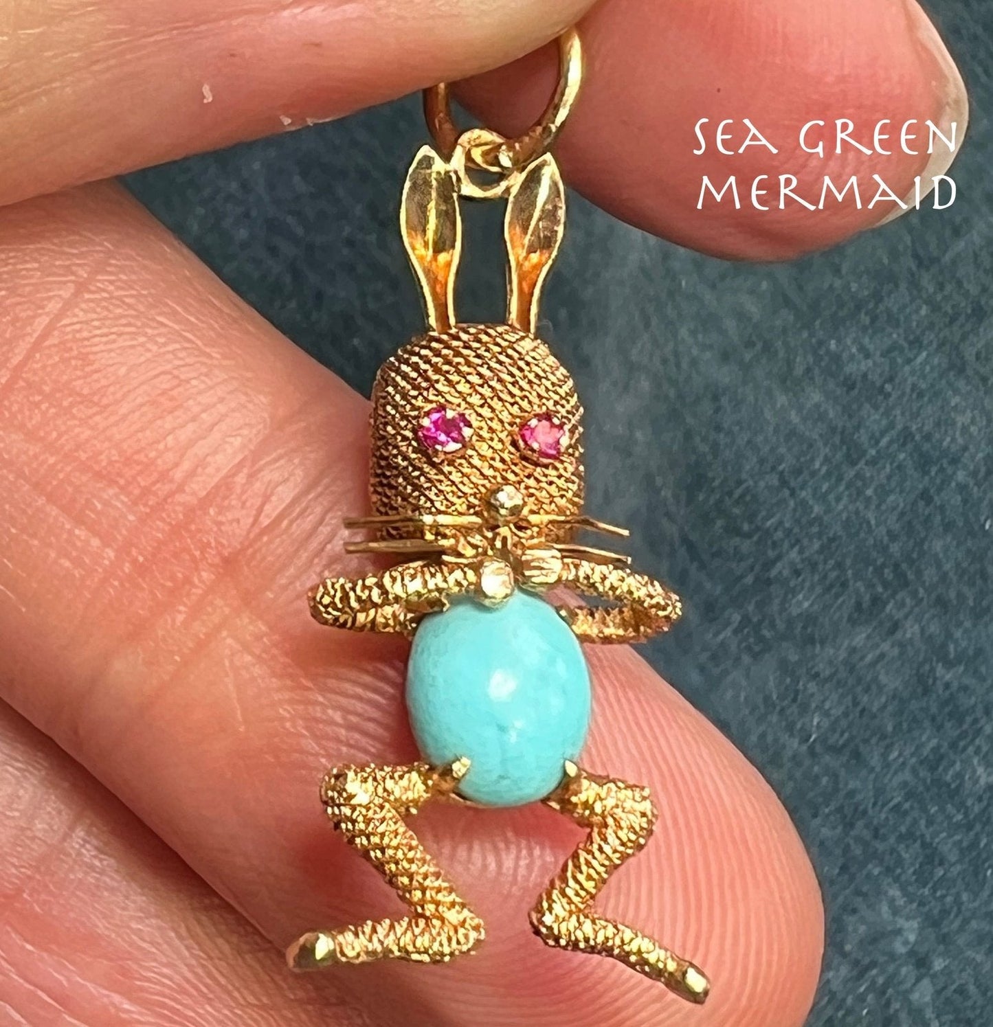 14k Gold "Funny Bunny" Pendant w Turquoise Jelly Belly + Ruby Eyes