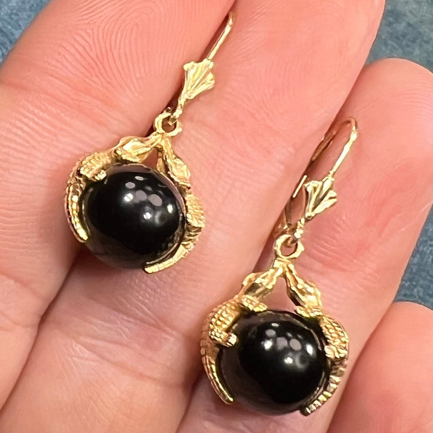 14k Gold *Kissing Crocs* Gators Onyx Leverback Earrings. Carla. *Spins*
