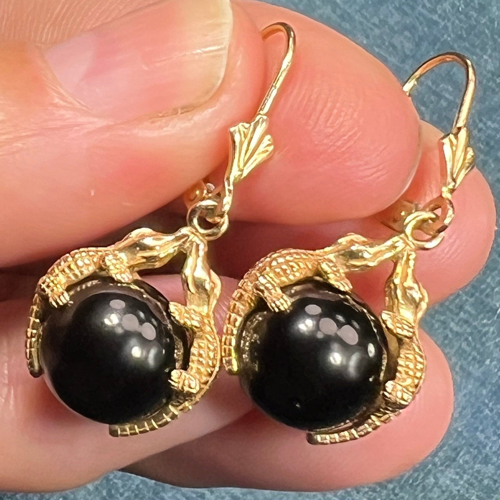 14k Gold *Kissing Crocs* Gators Onyx Leverback Earrings. Carla. *Spins*