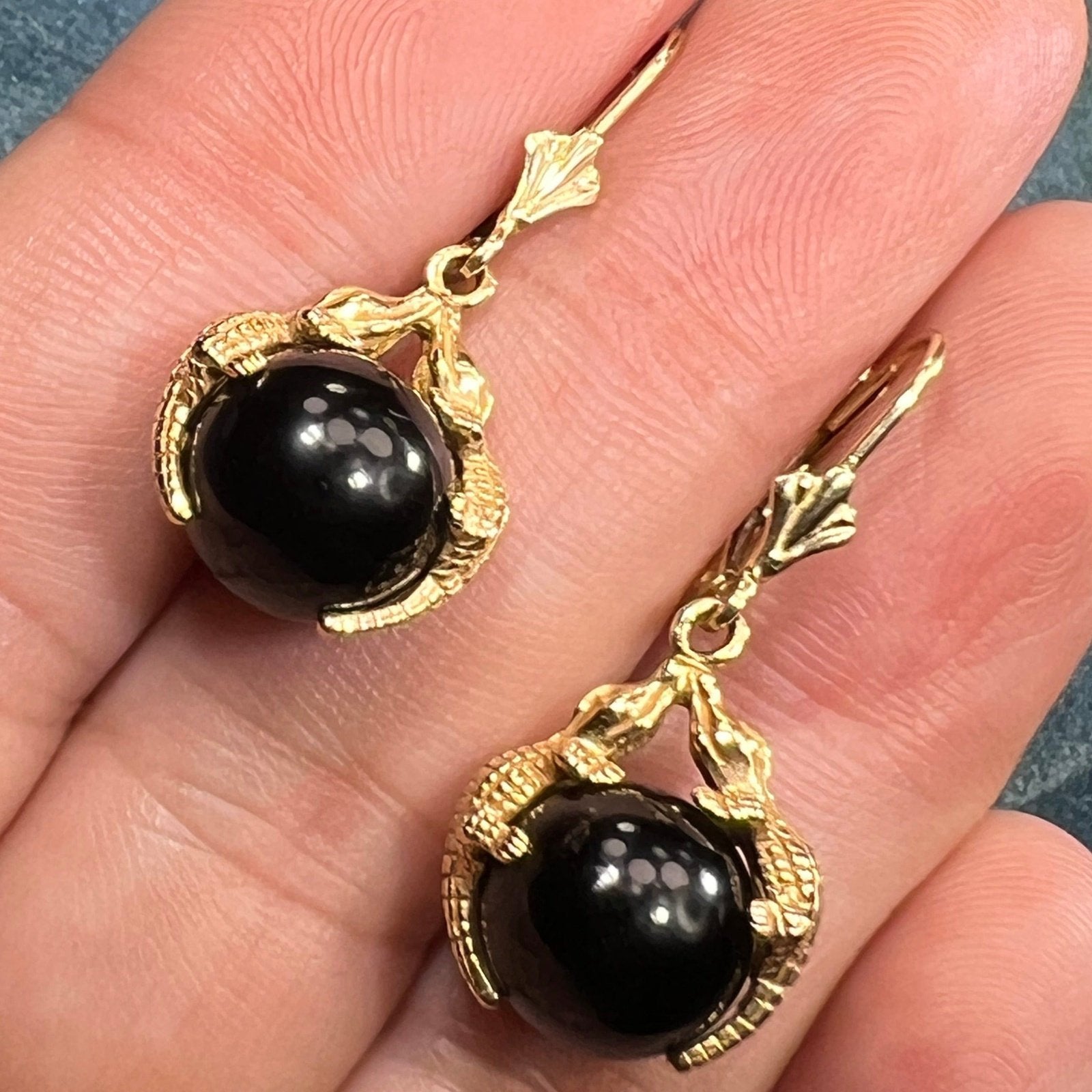 14k Gold *Kissing Crocs* Gators Onyx Leverback Earrings. Carla. *Spins*