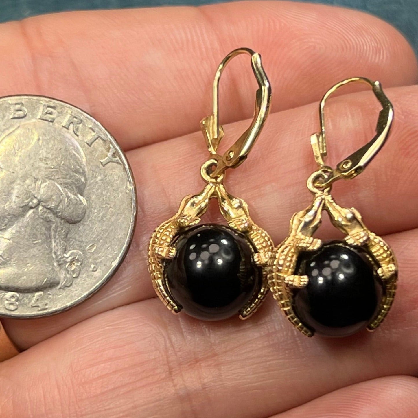 14k Gold *Kissing Crocs* Gators Onyx Leverback Earrings. Carla. *Spins*