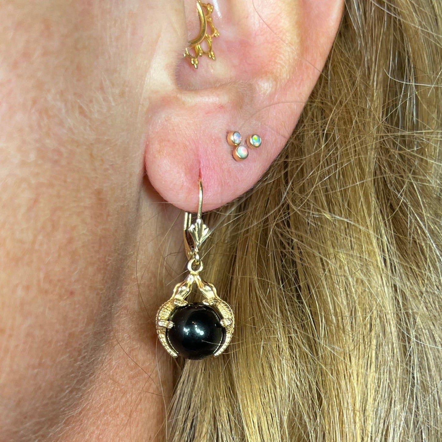 14k Gold *Kissing Crocs* Gators Onyx Leverback Earrings. Carla. *Spins*