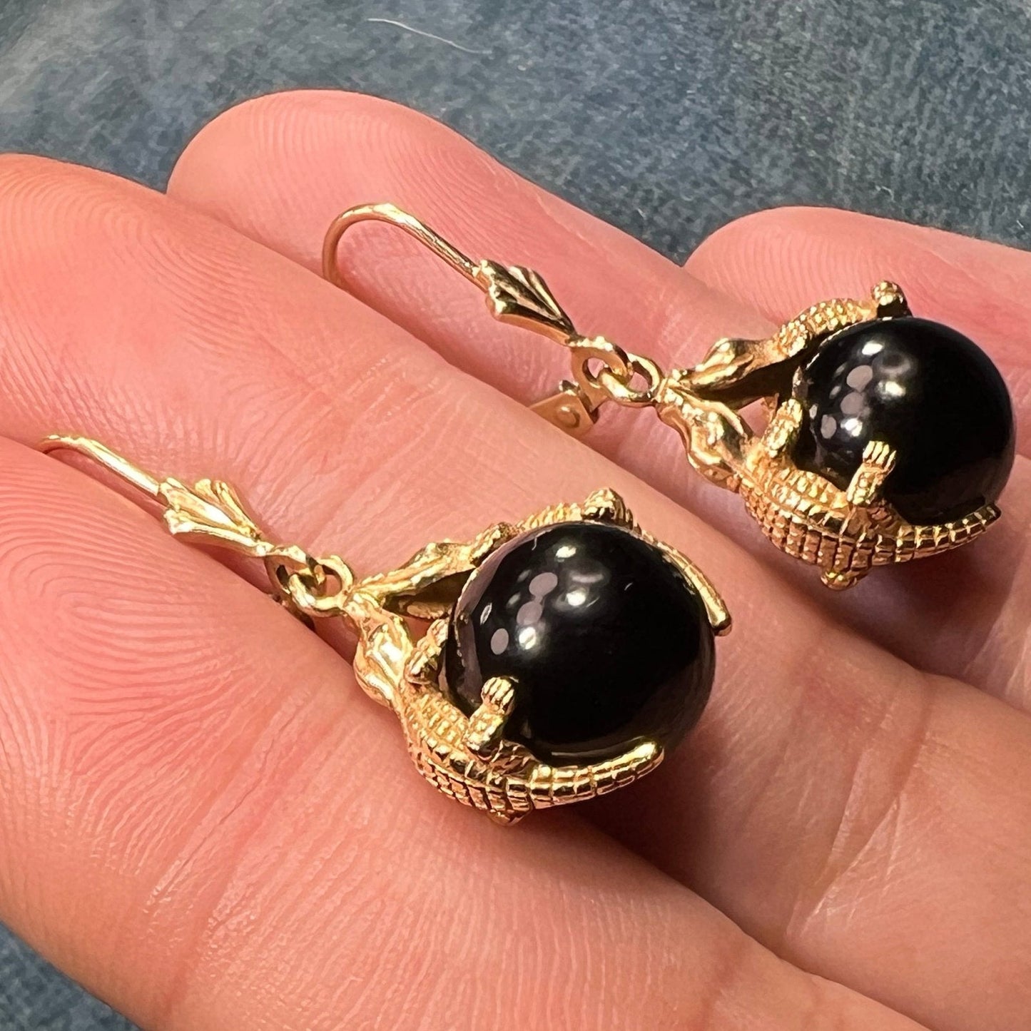 14k Gold *Kissing Crocs* Gators Onyx Leverback Earrings. Carla. *Spins*