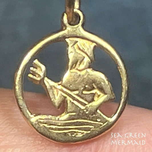 14k Gold Merman Neptune Poseidon Cut-Out Pendant. Tiny!