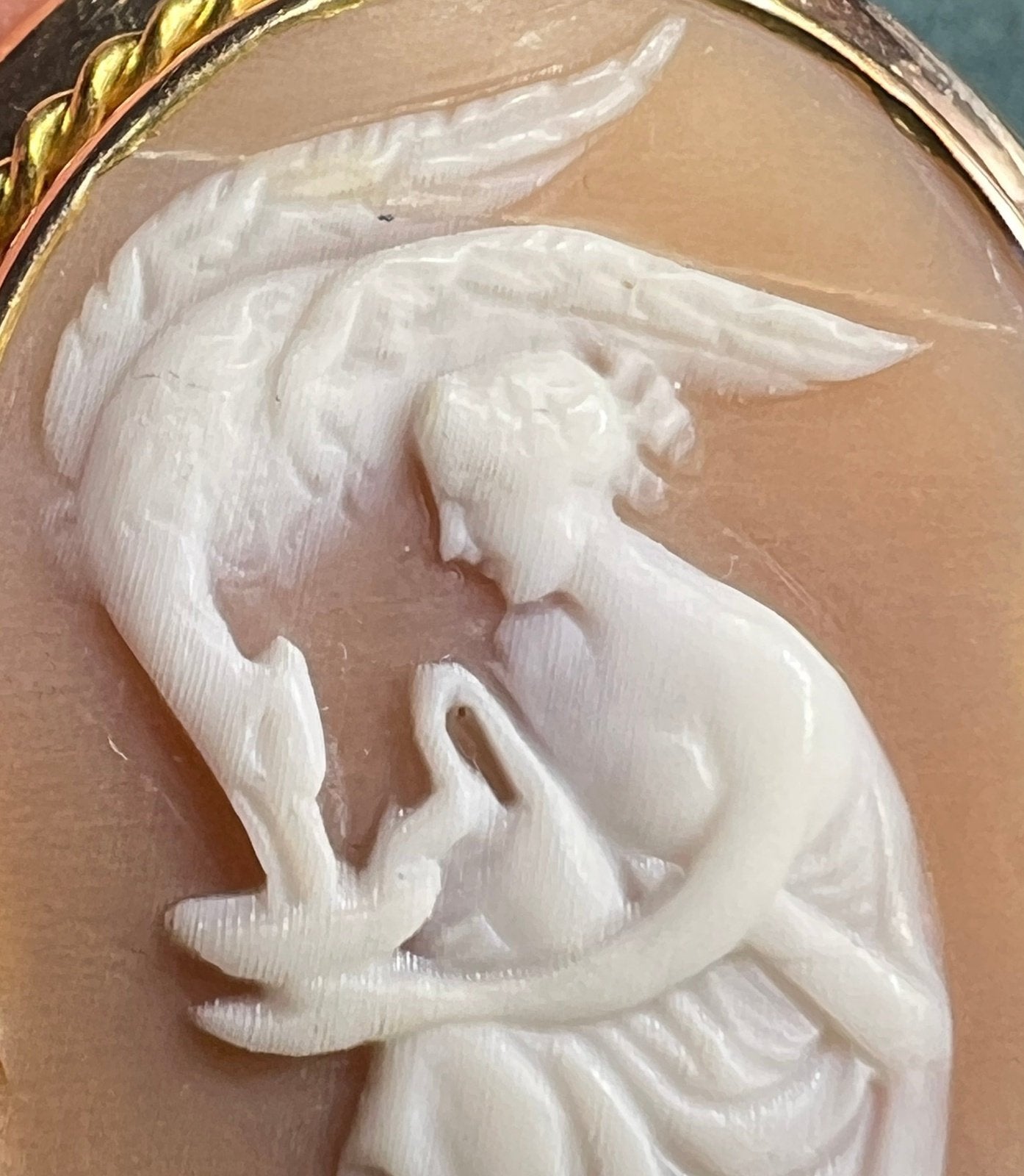14k Gold Mythology Cameo Hebe Feeding Bird 1.3"