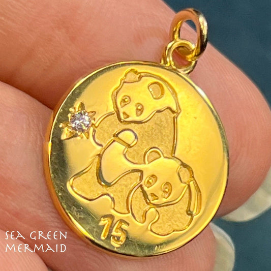 14k Gold Panda Bears Disc Pendant w Gypsy-Set Diamond. Ling + Hsing