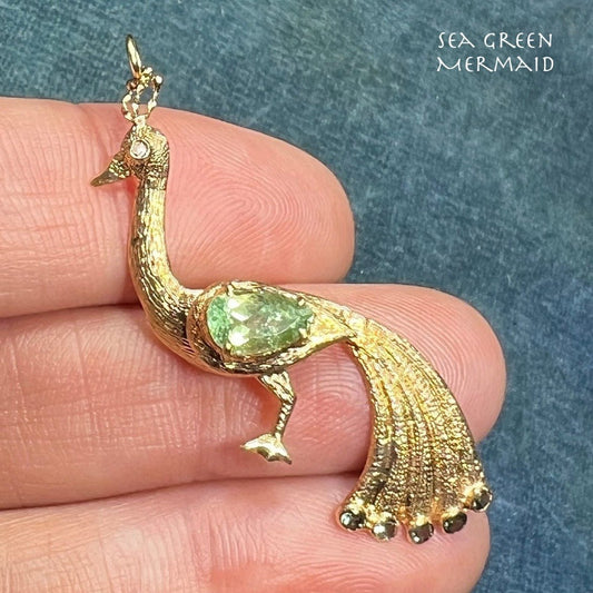 14k Gold Peacock Pendant. Diamond, Green Tourmaline + Blue Sapphires