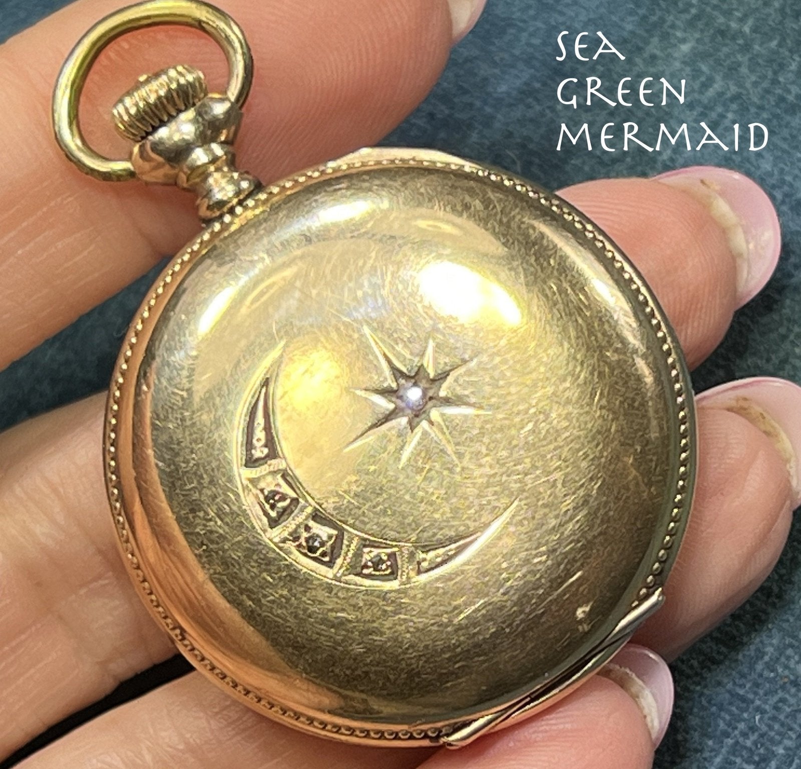 14k Gold Pocket Watch Pendant w Gypsy-Set Diamond Crescent