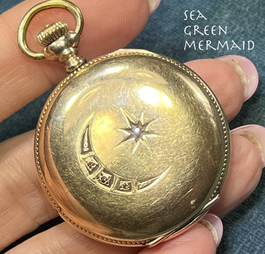 14k Gold Pocket Watch Pendant w Gypsy-Set Diamond Crescent Moon. 2" 24g