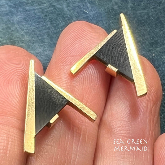 14k Gold Psilomelane Modern Space Age Sculptural Earrings. Designer