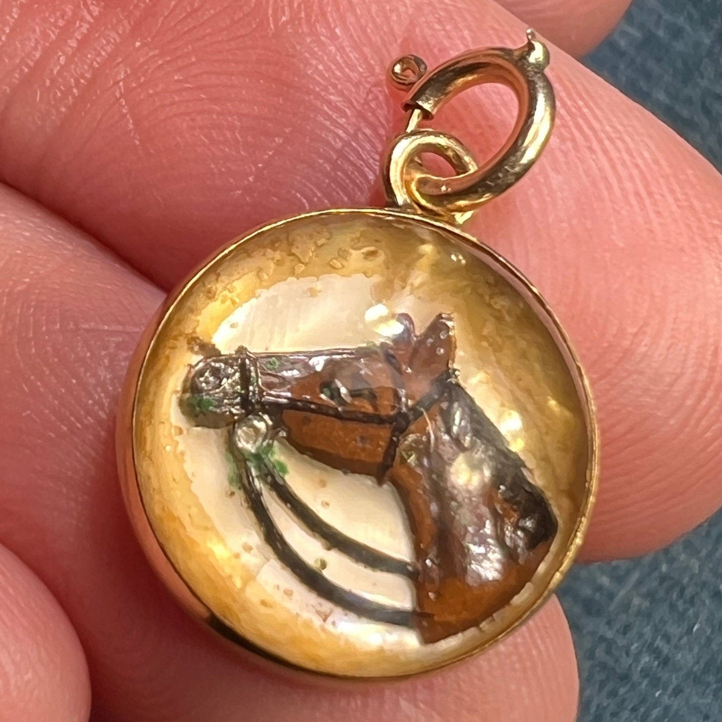 14k Gold Reverse Painted Essex Crystal Horse BUBBLE Pendant *Video*